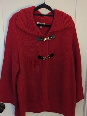 JM Collection Red Hooded Toggle Cardigan